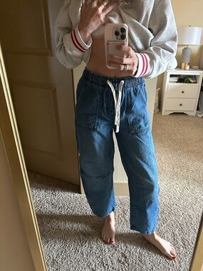 GAP Blue Elastic-Waist Barrel Jeans with Drawstring